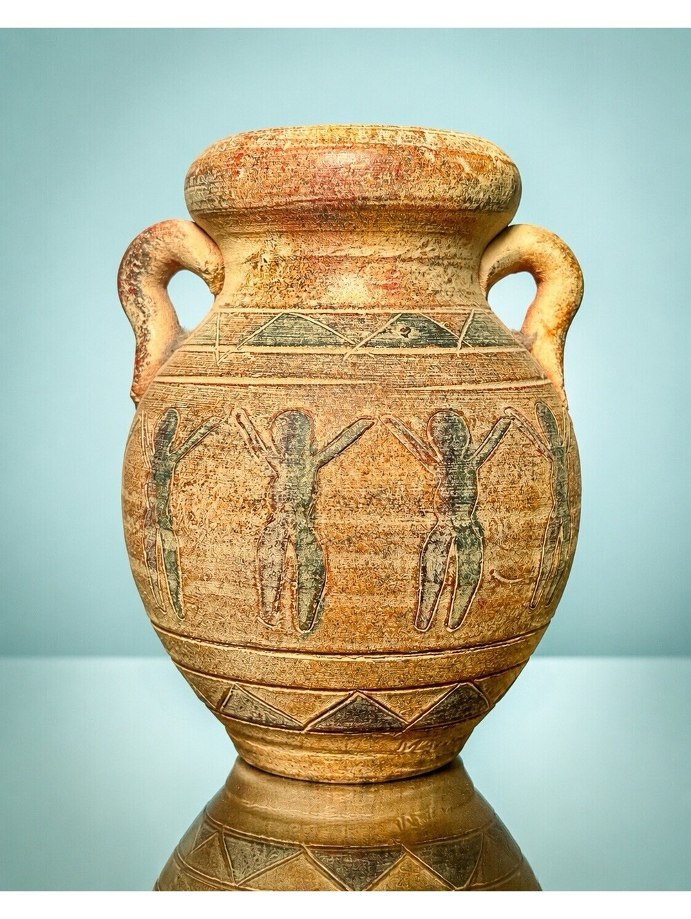 Vintage 1990s Terracotta Urn Vase Primitive Style Dancing Tribe Figures, 3.5x7”